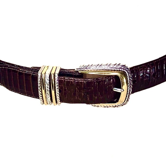 Brighton Womans 34" Brown Croc Leather Belt 2 Tone Silver/Gold Buckle - Picture 2 of 4